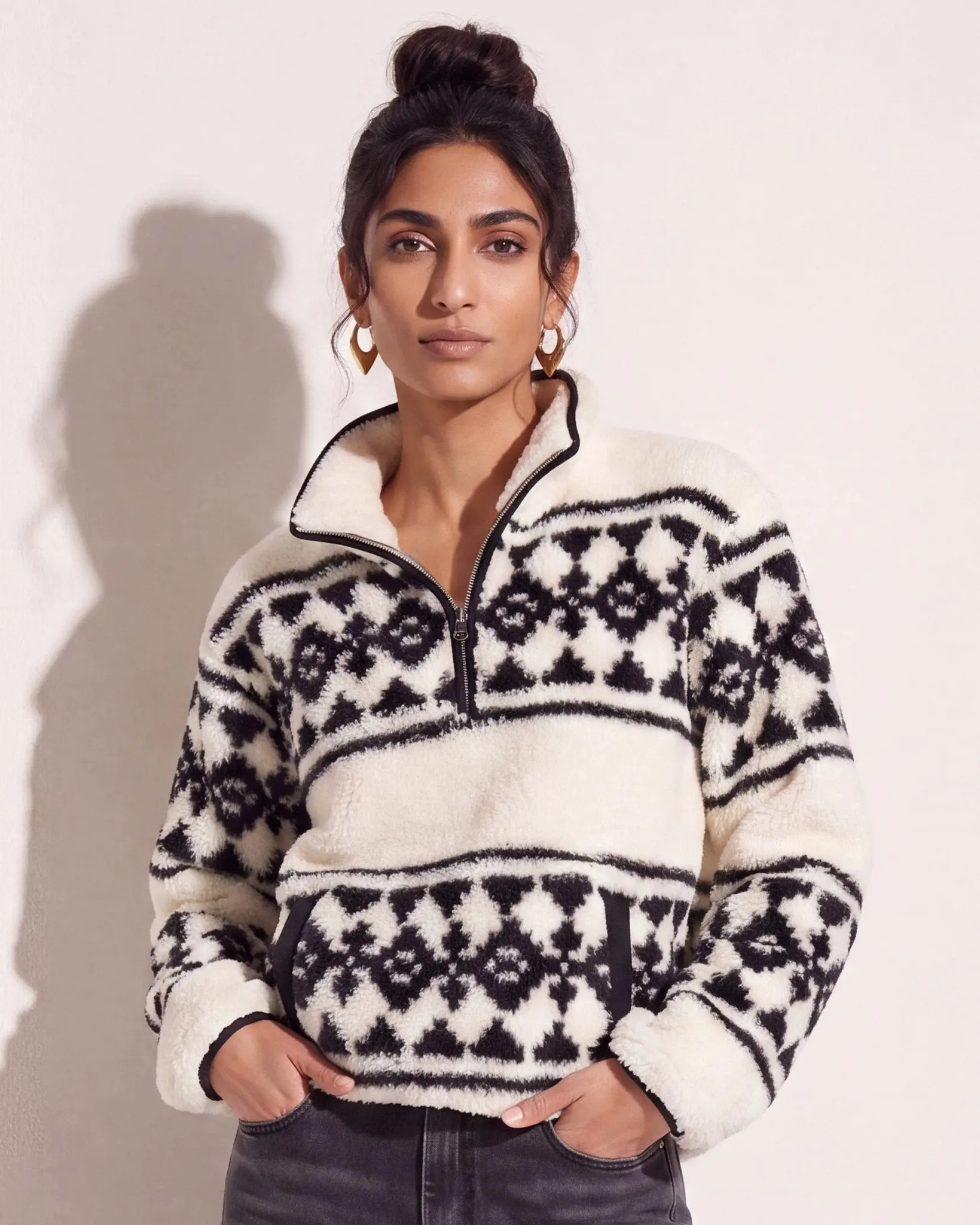 Women's Printed Sherpa Fleece Quarter-Zip Hoodie - Loose-Fitting Casual Fleece Top with Kangaroo Pouch, Geometric Tribal Aztec Patterns, Bold Vibe Comfortable Pullover, Bold Look