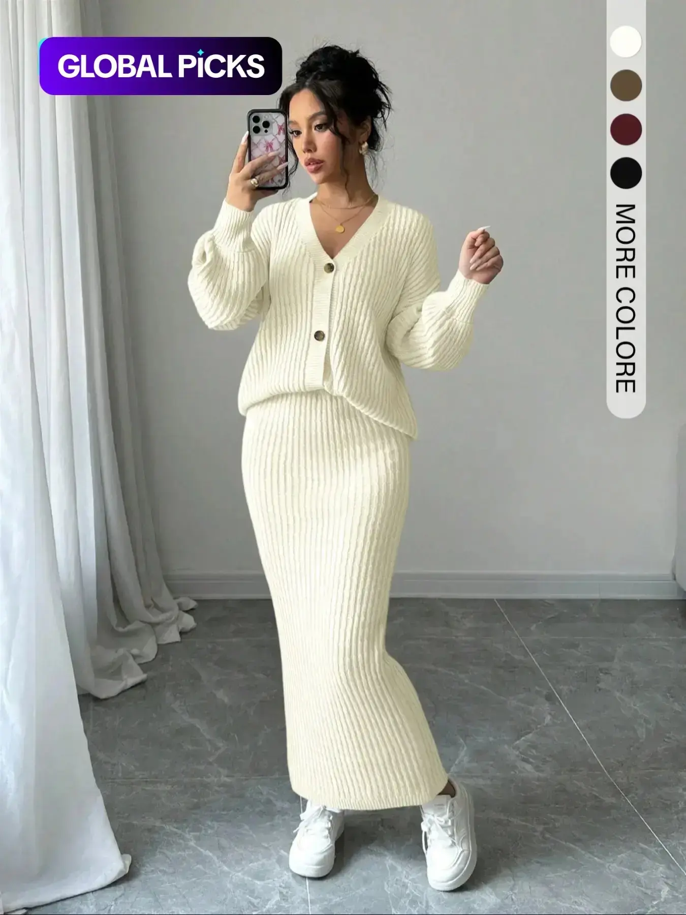 Women's Solid Basic Button-Front Cardigan Sweater & Long Skirt Two-piece Set, Casual Drop-Shoulder Long Sleeve Fitted Knit Top & High Waist Skirt for Daily Outdoor Wear, Women's Knitwear for Fall & Winter, Outfit, Womenswear, Clothes