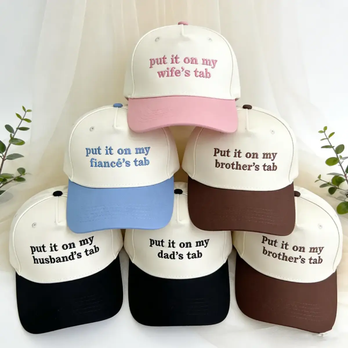 Put It On My Husband's Tab, Put It On My Boyfriend's Tab, Put It On My Fiancé's Tab Embroidered Hats, Funny Couple Trucker Caps Gift Set, Unisex Hat, Couple Hat