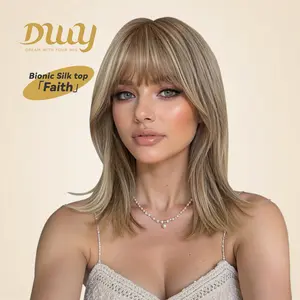 Faith -DWY New Technology! Bionic Silk Top 14-Inch Long Wave Brown  Blonde Glueless Synthetic Wig with Bangs for Women High-Quality Premium Fiber Easy Wear Comfortable Fit Convenient Wigs