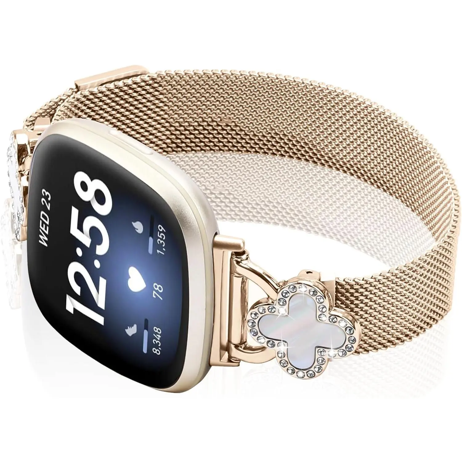 Band Compatible with Fitbit Sense/Sense 2 Versa 3/Versa 4 for Women Stainless Steel Magnetic Strap Adjustable Four Leaf Clover Watch Bands.