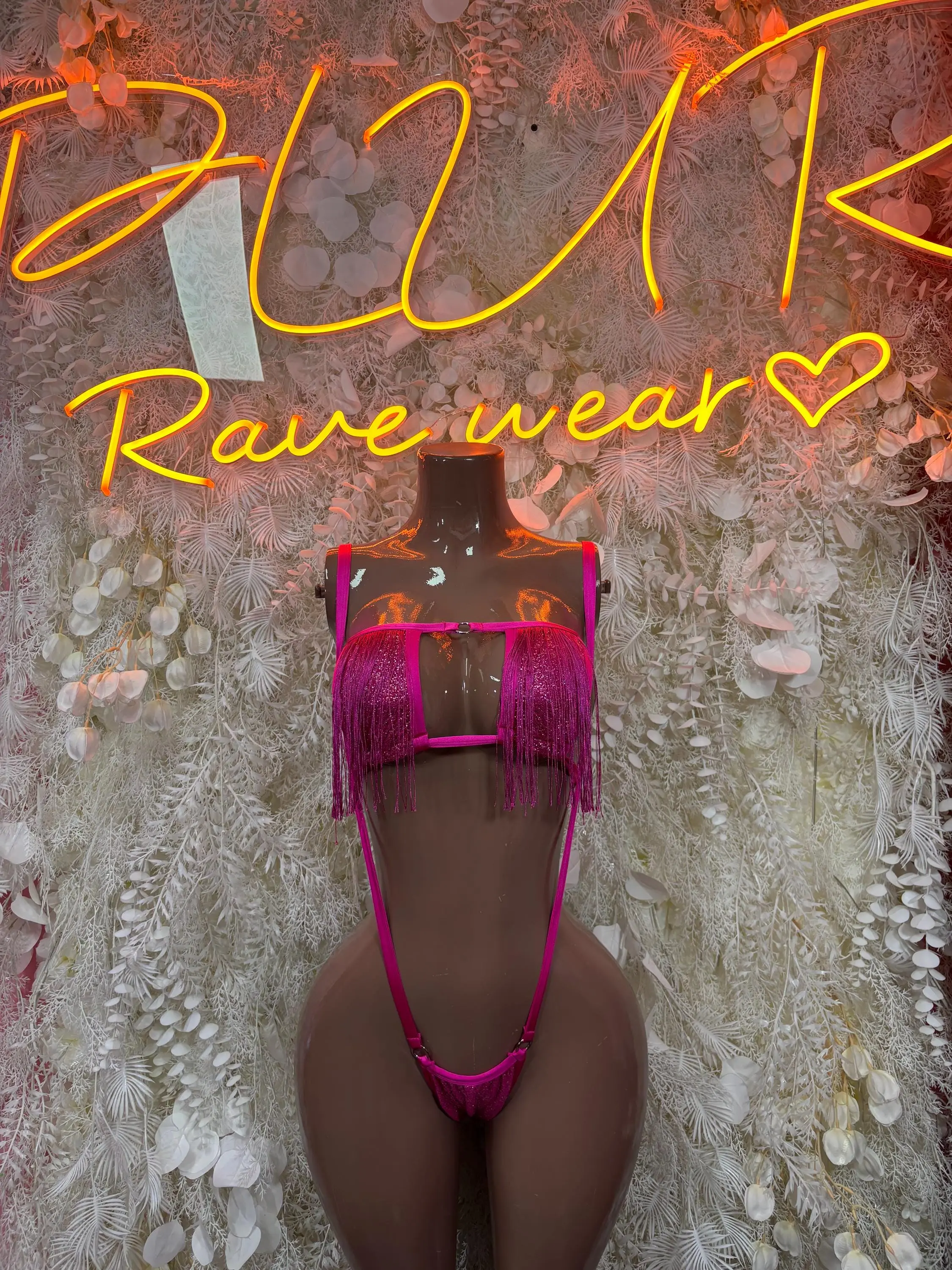Magenta Sequin Fringe Slingshot Bikini – Sparkly Rave Festival Exotic Dance Costume