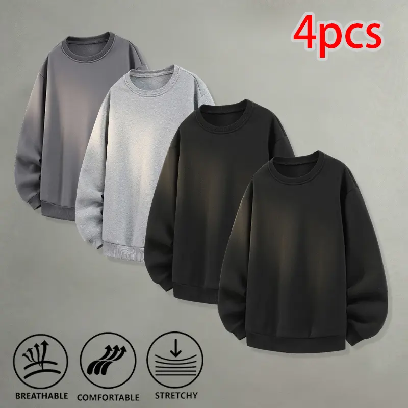 4 Pack Plain Blank Crew Neck Sweatshirt Soft Skin-friendly Loose Fit Sweat Tops for Student School Gym Jogging Outdoor Camping Daily Casual Outfits