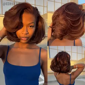 [100% Human Hair Wig] IDHERE Blowout Short Bob Straight 13×4 HD Lace Front Wig Pre-Bleached Tiny Knots 100% Human Hair Wig For Women Pre-Styled French Curly Lasting Curls