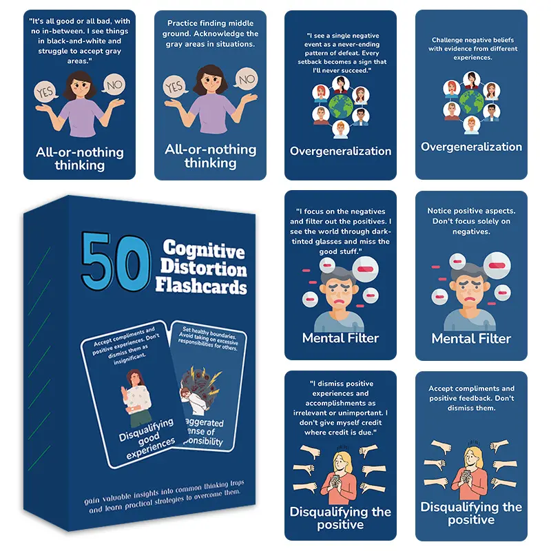 50 Cognitive Distortion Flashcards, Portable, Mind Trap Solutions, Psychological Tools, Improve Mental Health & Awareness