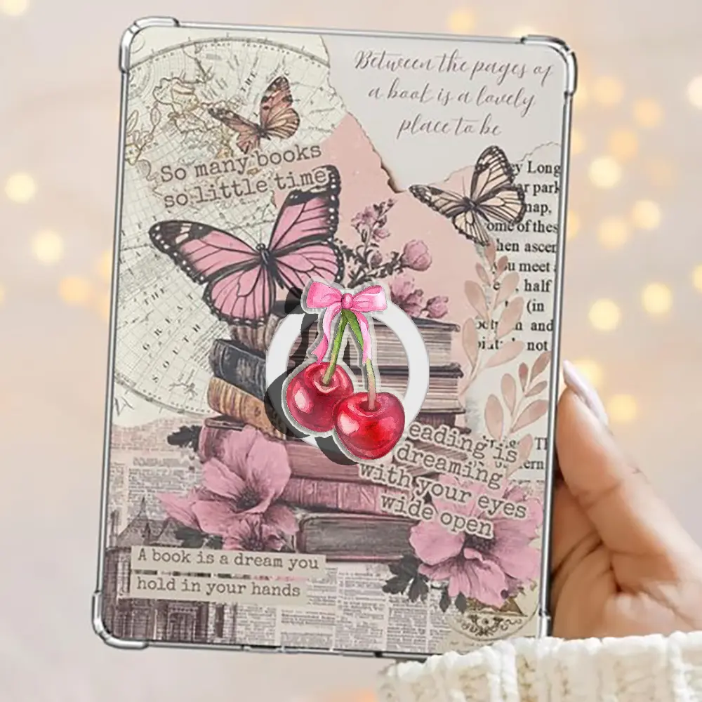 Coquette Cherry With Pink Bow Ribbon Kindle Grip Magnetic Pop Socket Phone Grip Vibrant Color Phone Bookish Grip Kindle Grip Popsocket