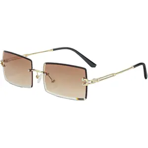 Rimless Rectangle Sunglasses for Women Men Trendy Fashion Sheer Pink Blue Tinted Lens Frameless Glasses with Gold Accents