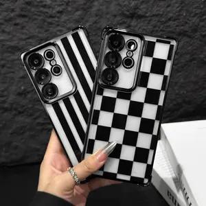 Black Checkered four-corner drop-proof TPU phone Case for Samsung Galaxy S26 S25ultra S24plus S23FE, S22 Drop-Proof Phone Case, Simple and stylish camera protection, shockproof phone cover, DurablePhone Case .HY13B