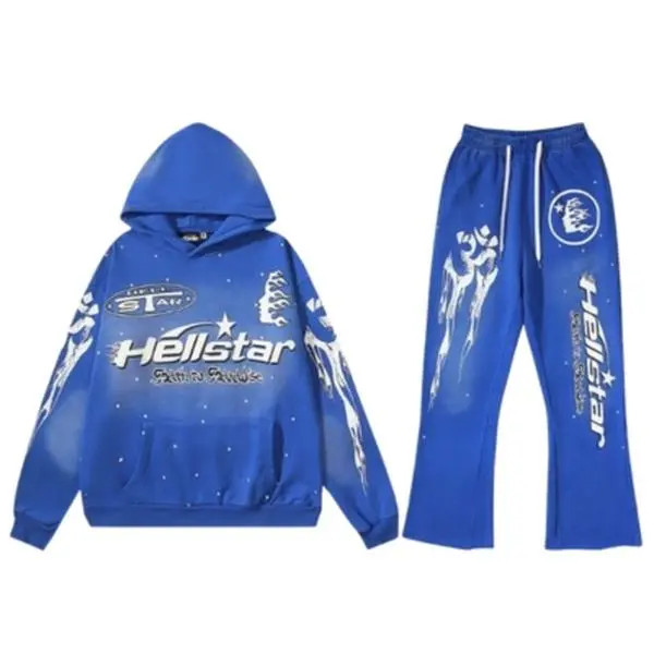 Hellstar Cobalt Blue Tracksuit, Graphic Hoodie & Sweatpants Set, Unisex Y2K Streetwear Outfit