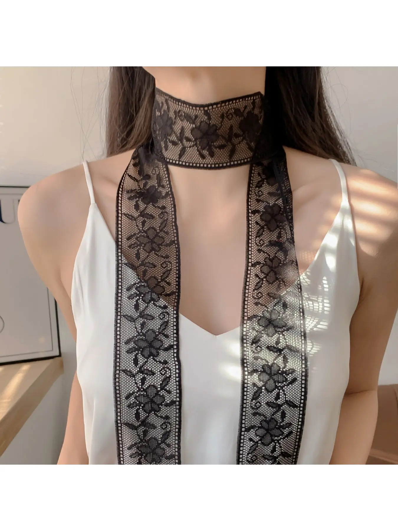 Korean style women's spring and summer versatile clavicle lace scarf Tignon Scarf hollow tassel tie small strap belt versatile neck strap Lace Sheer Shawl Fashion Neck Shawl