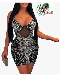 ShaCity Rhinestone Dress, Spaghetti Straps Backless Hot Drilling night club sleeveless mesh short clubwear, Bodycon Zipper Slim Party Dress.