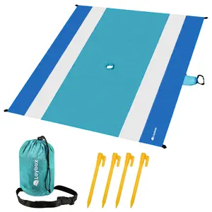 Laybax Sand Free Beach Blanket, 7 Foot Blanket with Retractable Umbrella Hole,  Sandproof Beach Mat with Sand Pockets & Stakes