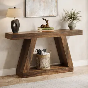 LITTLW TREE Farmhouse Console Table, 55-Inch Rustic Sofa Table with Storage, Industrial Wooden Entryway Table for Hallway, Living Room