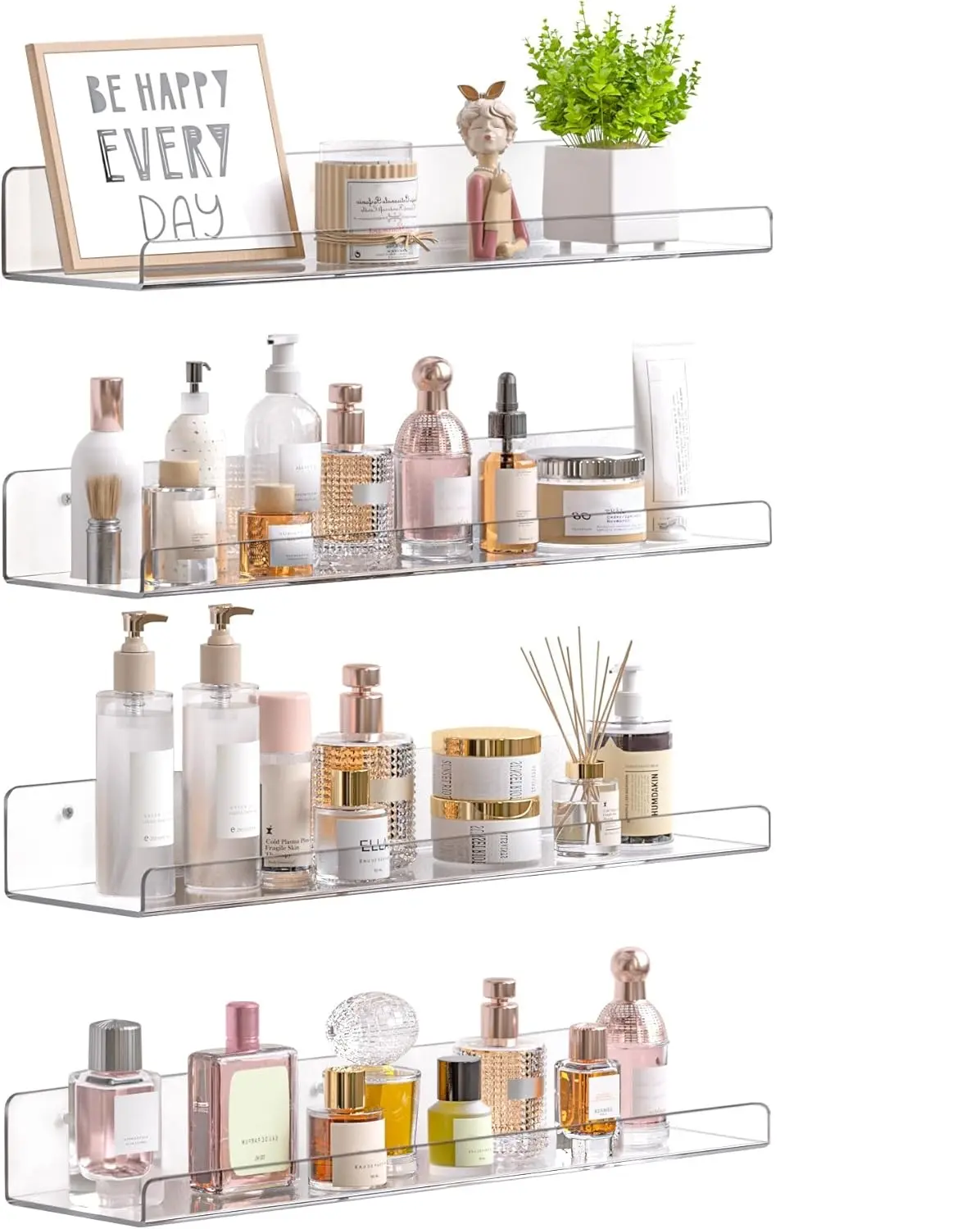 upsimples 4 Pcs 15" Acrylic Shelves for Wall Storage and Organizer, Clear | Transparent Design Highlights Skincare, Perfume, Easy-to-Find Versatile Floating Shelves for Bathroom, Bedroom and Playroom