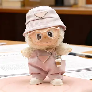 Labubu Doll Clothes Set 4 Piece Include Hat Overalls Eyeglass & Coffee Cup for 15cm 17cm Labubu Dolls Stylish Trendy Streetwear Festive Decoration Pink Bow