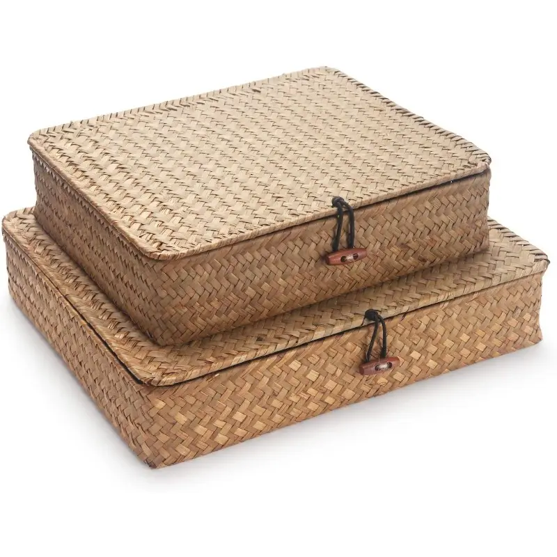 Seagrass Storage Basket Box with Lid Rectangular Woven Shelf Baskets Bins for Organize Snack Toys Set of 2 Natural Decorative Large+Small