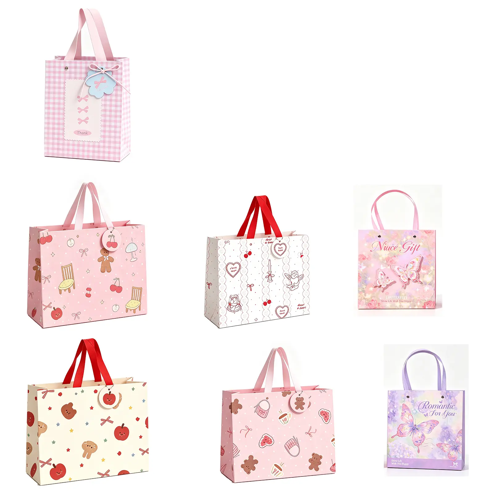 10 Pcs Paper Gift Bags with Ribbon Handle, Butterfly Plaid Bear Strawberry Bow Decor Gift Tote, Recycled Paper Party Favor Bags, Packaging Tote for Birthday Baby Shower Valentine Cosmetic Presents for Girls Women Kids