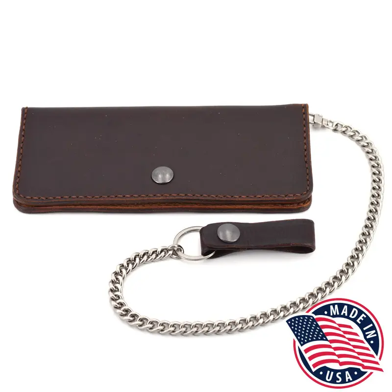 Long Leather Wallet w/ Chain (Silver & Brown)