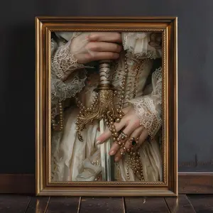 Victorian Woman with Sword Art Print – Dark Moody Antique Wall Art, Gothic Lace & Jewelry Portrait Poster, Vintage Feminine Decor, Room Decor, Unframed