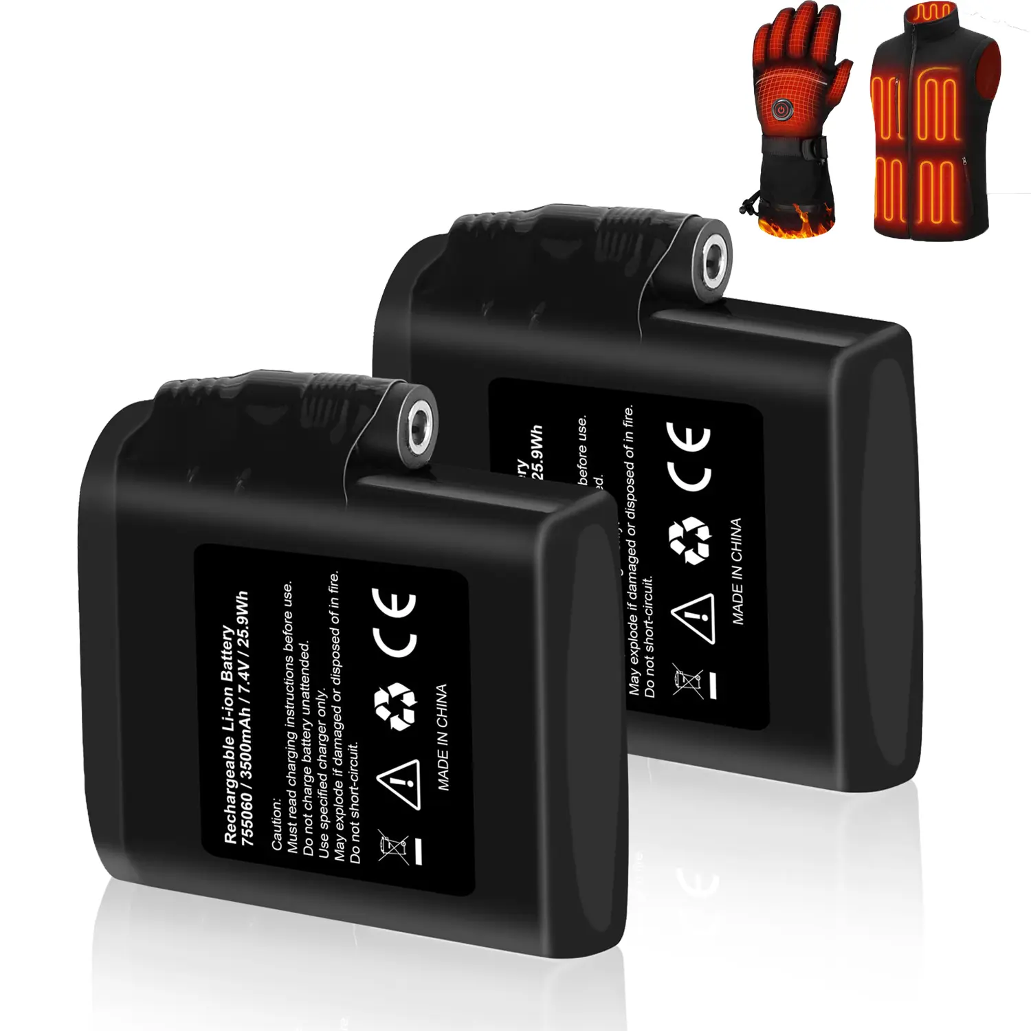 3500mAh 7.4V Battery for Heated Gloves, Rechargeable Lithium Polymer Replacement Set, Compatible for Heated Gloves, Socks, Hats, Mittens, Vest, Jacket, Scarf, Hand Muff, Knee Braces with DC Port Hiking Skiing Outdoor Sports