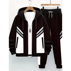 Men's 2-Piece Black-White Contrast Tracksuit (Zip Hoodie & Joggers) - Side Stripes, Casual Sportswear
