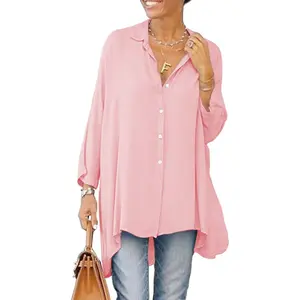 Imily Bela Womens Oversized T Shirts Button Down Long Sleeve Shirt V Neck Collar Loose Flowy Blouse