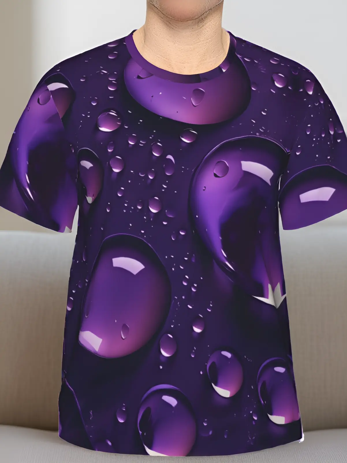 Men's 3D Water Droplet T-Shirt with Deep Purple Liquid Refraction Design - Short Sleeve Round Neck Casual Tee, S-3XL Sizes Suitable for Parties, Daily Wear & Themed Events, Machine Washable Edgy Streetwear for Year-Round Wear