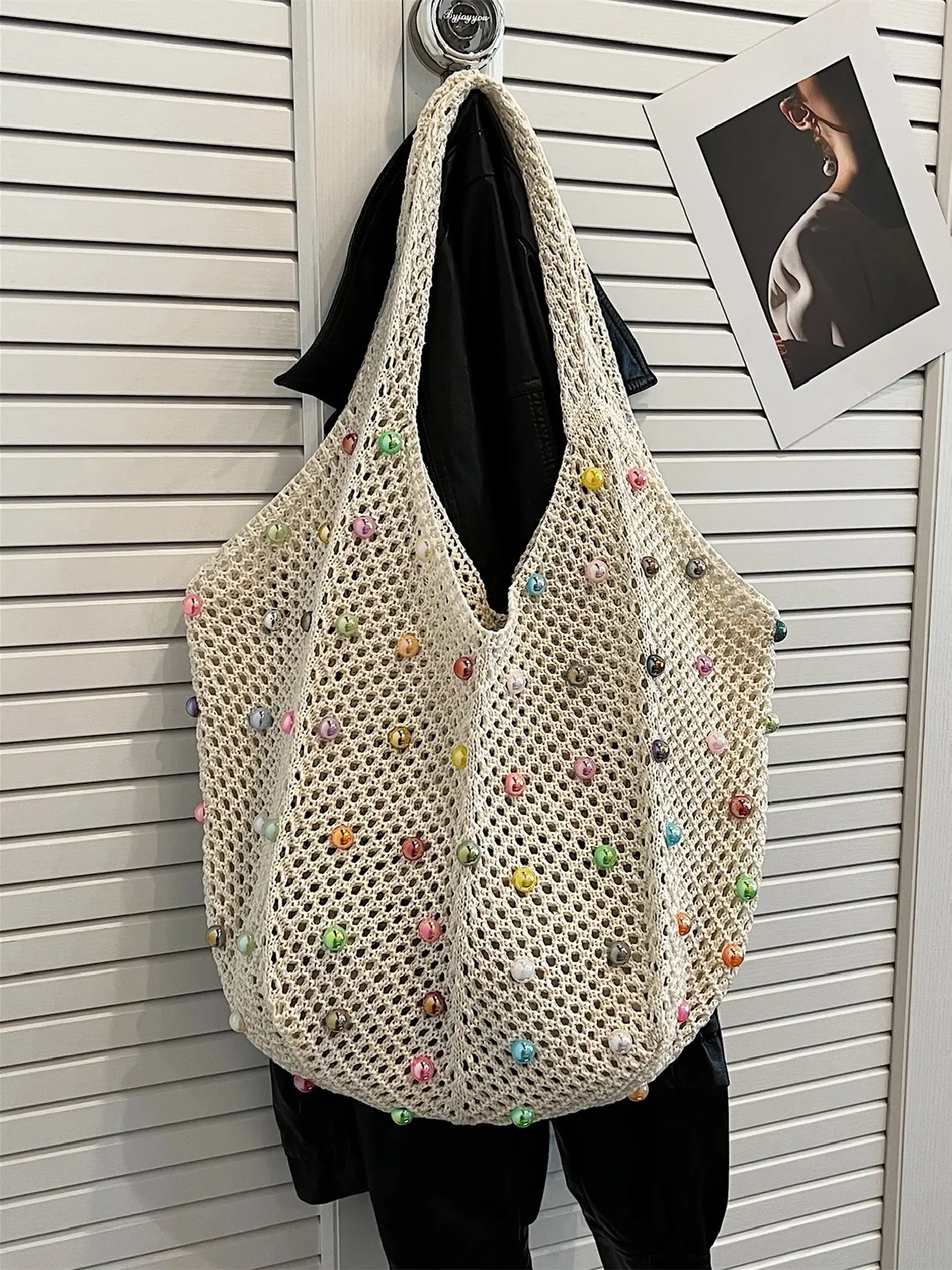 Dopamine Colorful Pearl Straw Tote Bag, Korean Style Large Capacity Woven Bag, Fashionable Bohemian Bag, Beach Vacation Photo Essential, Student Commute Versatile Shoulder Crossbody Bag, Beaded Bags