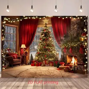 Winter Christmas Background Cozy Room Design with Tree Gift Box & Fireplace for Holiday Parties Home Decor Portrait Photography & Vinyl Wall Art 2D Flat Printing Banners Set Ornaments Decoration