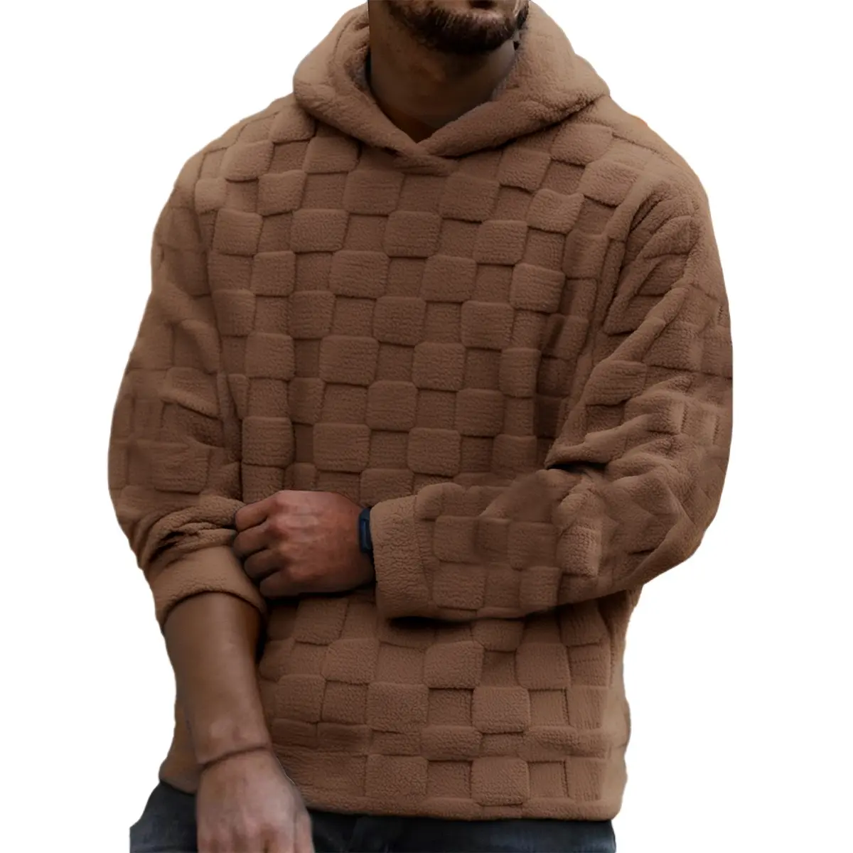 Autumn and winter men's fleece casual hooded sweatshirt, hooded sports shirt, men's top with fleece for warmth, solid color base, suitable for daily casual wear, loose fit men's clothing  Long Sleeve Textured Menswear