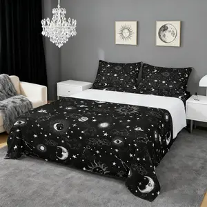 Sun and Moon Bed Sheet Setstarry Galaxy Boho Hippie Constellation,Bedding Decor Set with 1 Flat & 1 Fitted Sheet