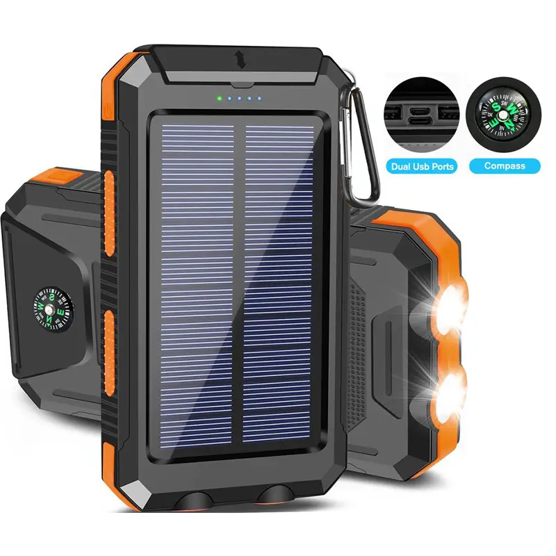 [FREEShip] Solar Charger Power Bank 10000mAh Solar Phone Charger, Portable Charger Fast Charger Dual USB Ports Built-in LED Flashlight and Compass, IP65 Waterproof Portable Power Bank for Outdoor Activities