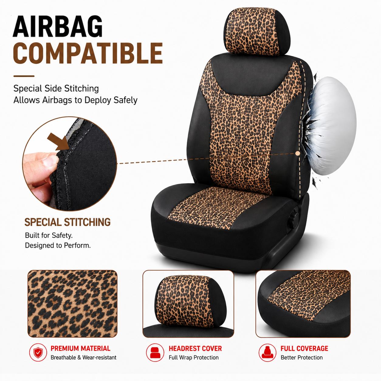Leopard Print Car Seat Covers Front Seats Set, PU Leather Universal Fit Seat Protector with Steering Wheel Cover, Floor Mats, Seat Belt Pads & Cup Mats, Stylish Auto Interior Accessories for Cars SUV Truck