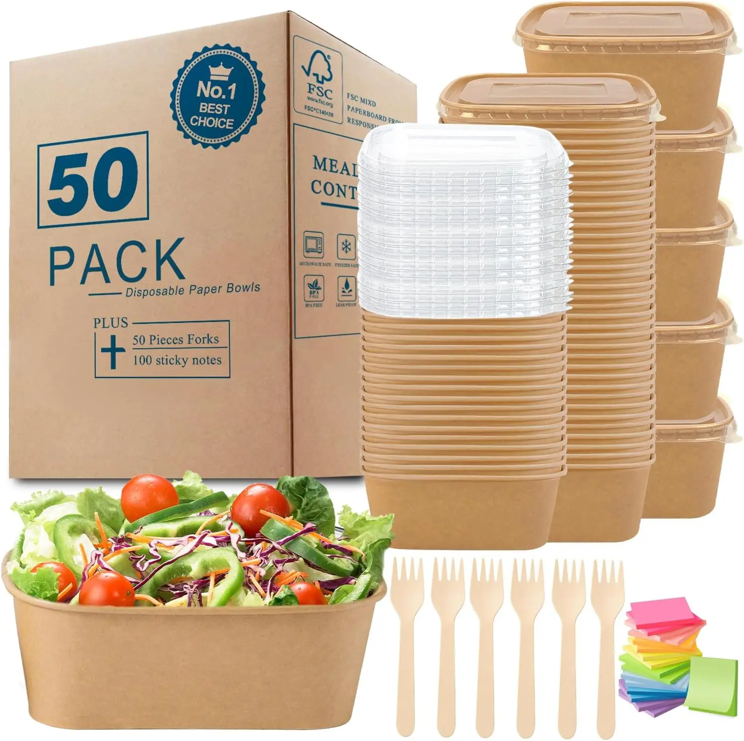 50 Count Disposable Paper Bowls with  Meal Prep Containers Includes 50 Wooden Forks + 100 Labels Salad  Containers Freezer & Microwave Safe Leakproof Soup Bowls (25 Ounce, 50-Count)