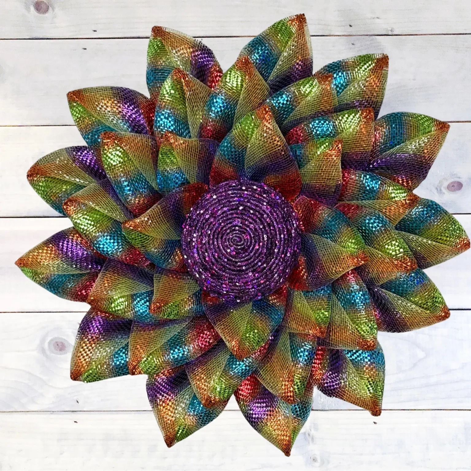 Rainbow Pinwheel Mesh Flower Wreath – Colorful Metallic Mesh Flower with Glitter Center | Handmade Door Decoration