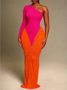 Sheik Apparell Women's Fuchsia & Orange Color Block One-Shoulder Maxi Dress Stretchy Bodycon Mermaid Tail Long Sleeves Asymmetrical Neckline Floor-Length for Party Gala Fashion Events All-Season Elegant Statement Dress