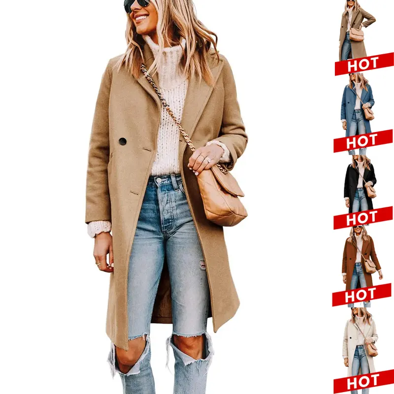 UANEO Women's Notch Lapel Double Breasted Wool Blend Mid Long Pea Trench Coat