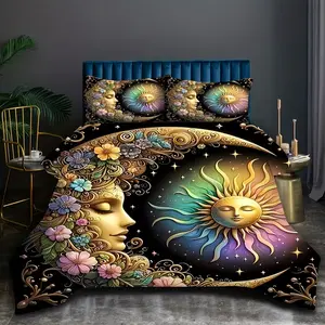 3-Piece Abstract Floral & Astronomical Print Decorative Bedding Set, Soft Breathable Fabric, All-Season Use, Bedroom Decor