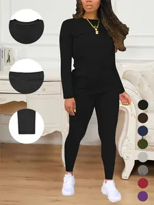 AUXDIO Women's 2-Piece Set - Round Neck Long Sleeve Top & Pants - Soft Polyester Elastane Fabric - Casual Stretch Breathable Outfit for Daily Wear & Travel - Solid Color Cozy Comfy Check Clothes Short Suit Tee Black Womenswear Crewneck Basic