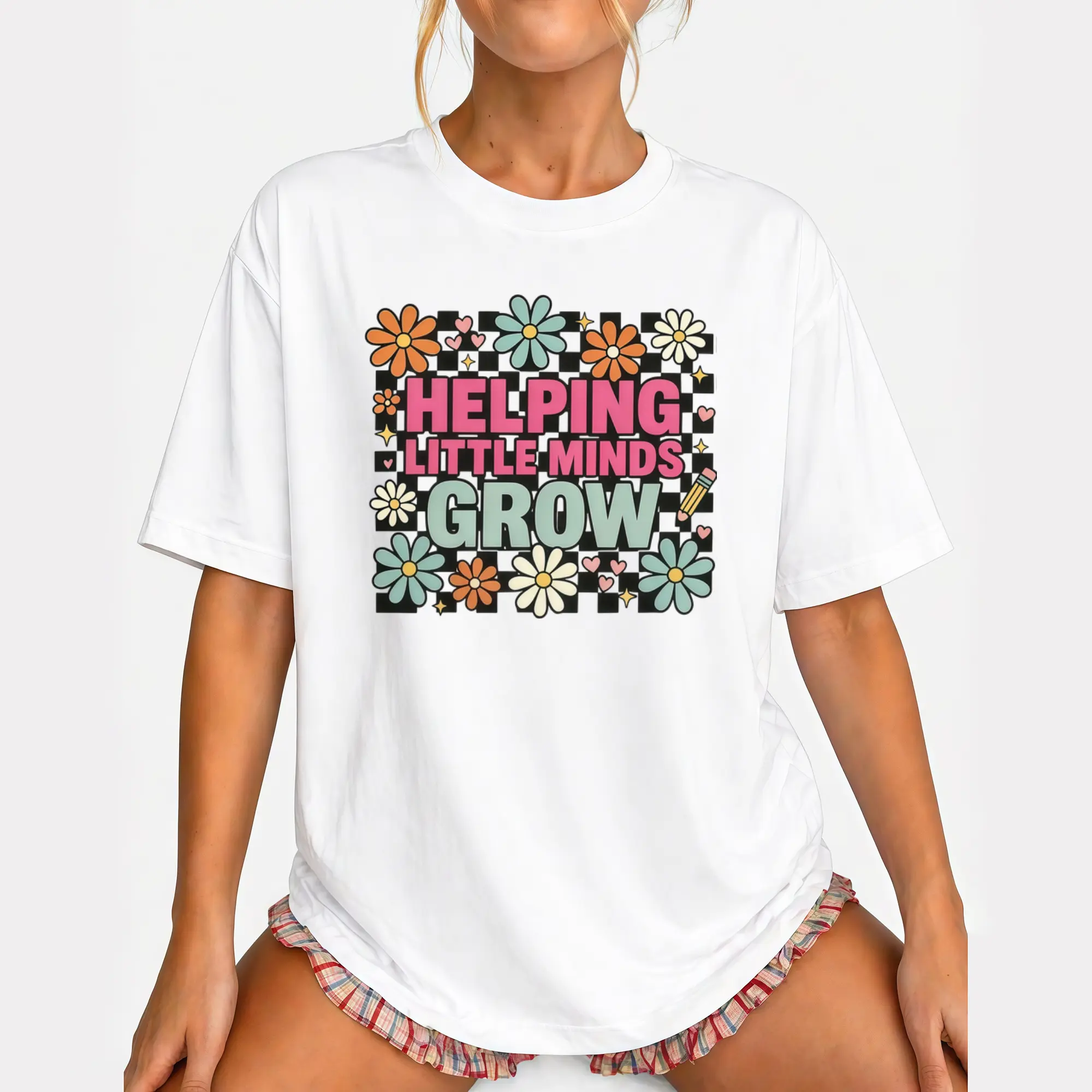 Women's "Helping Little Minds Grow" Floral Teacher T-Shirt - Soft Educational Shirt with Colorful Flower Design, Short Sleeve Regular Fit Casual Work Top for Kindergarten, Preschool, Special Education - Breathable All-Season Comfort
