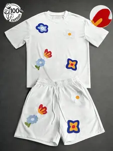 Unisex White Colorful Flower Embroidery Tracksuit, Oversized Fit, Fresh Summer Cute Style, Spring/Summer Casual Versatile Two-Piece Set, 100% Cotton, Fun Flower Embroidery Design, Trending Ins Streetwear