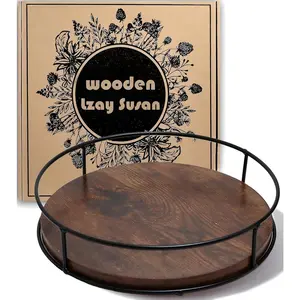9 Inch Lazy Susan Turntable for Table, Kitchen Rustic Brown Turntable Organizer with Steel Frame, 360 Degree Decorative Lazy Susan for Countertop Cabinet or Centerpieces
