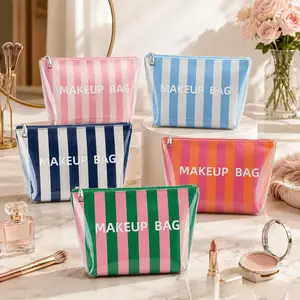 Waterproof PVC Makeup Bag Large Capacity Travel Cosmetic Pouch Macaron Stripe Toiletry Organizer Cute Aesthetic Clutch for Women