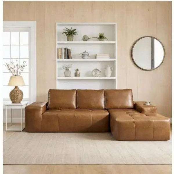 Boneless Couches for Living Room, Brown Faux Leather Cloud Sectional Couches with Chaise, Deep Seat L Shaped Modular Sofa, No Assembly Required Sofas in a Box, Ships in Multiple Packages