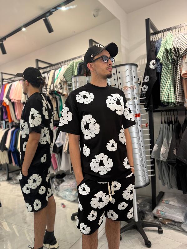 American Trendy Cotton T-Shirt & Slim-Fit Long Pants Hoodies Set Retro Kapok Flower Foamed Print Logo Drawstring Beach Shorts Stretchy Wide Leg Athletic Shorts