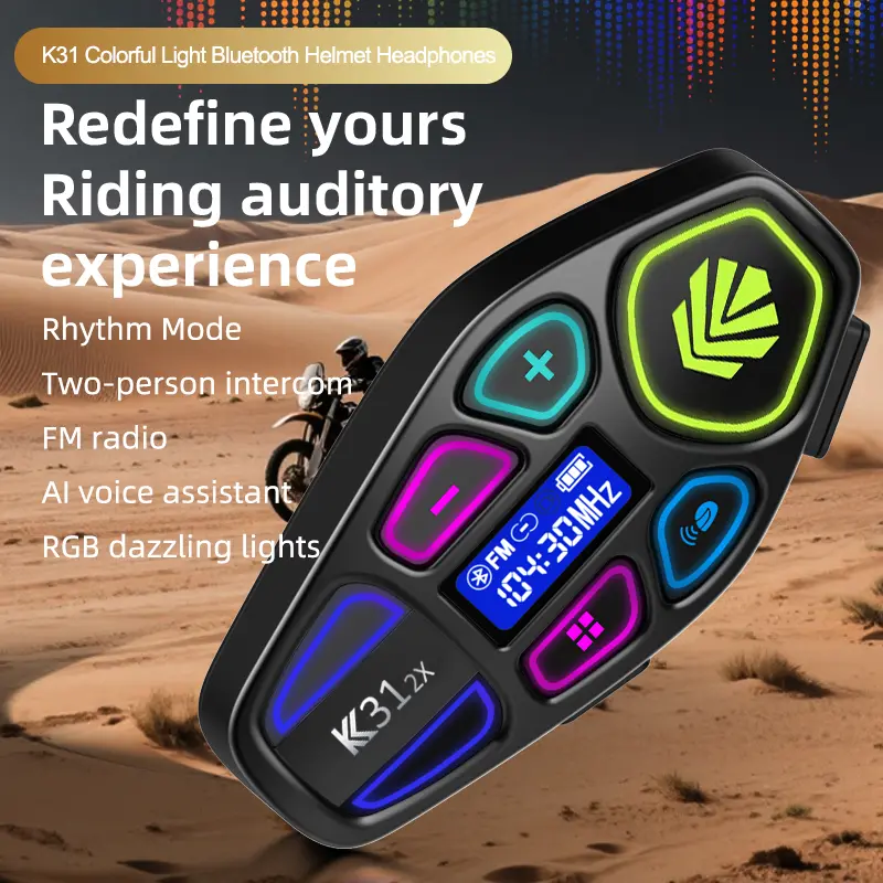 Motorcycle Bluetooth Helmet Headset, 1000m Long Range 2-Rider Helmet Intercom System with RGB LED Lights, IP65 Waterproof Helmet Headphones with FM Radio, Voice Control & Music Sharing for Motorcyclists