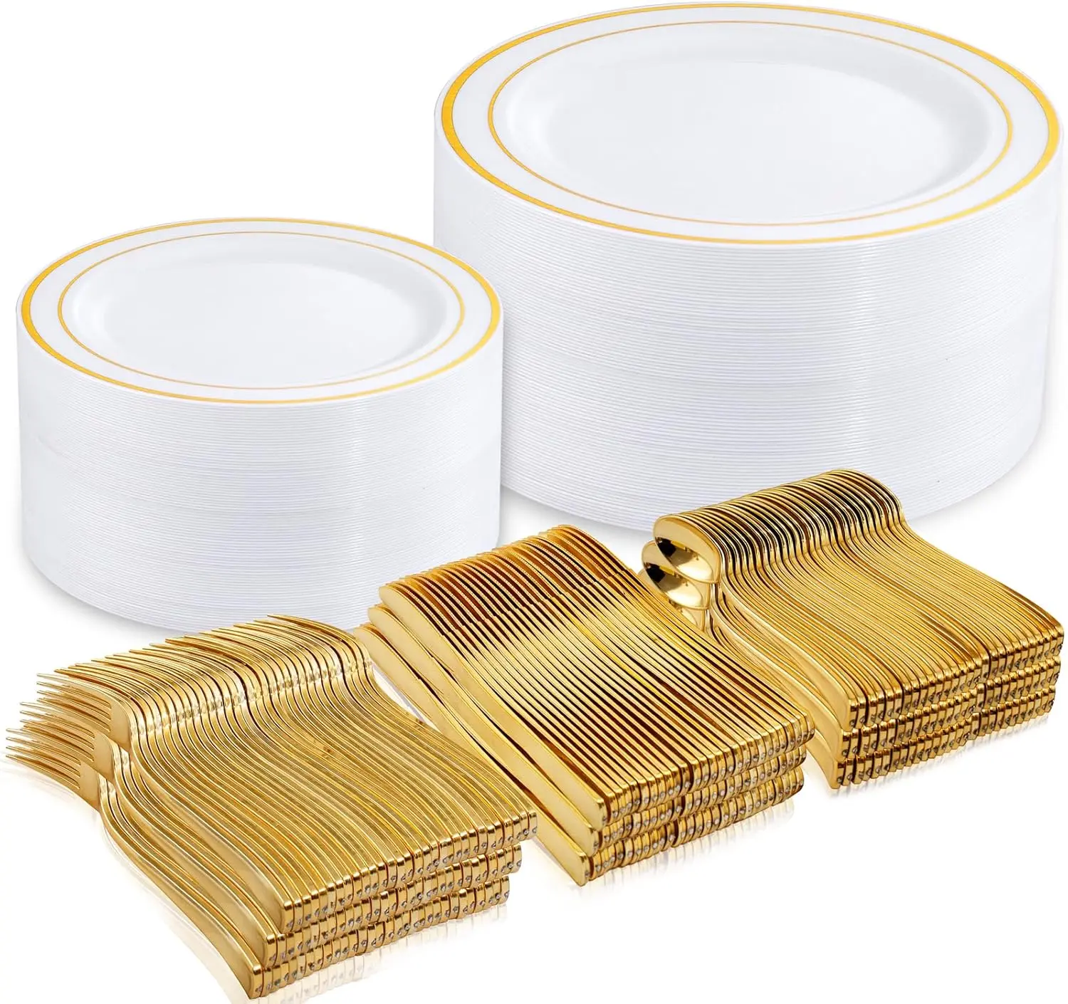 150pcs Gold Plastic Dinnerware Sets, Includes: 30 Gold Rim Dinner Plates, 30 Salad Plates, 30 Plastic Silverware Set, Perfect Fancy Disposable Plates for Party and Wedding