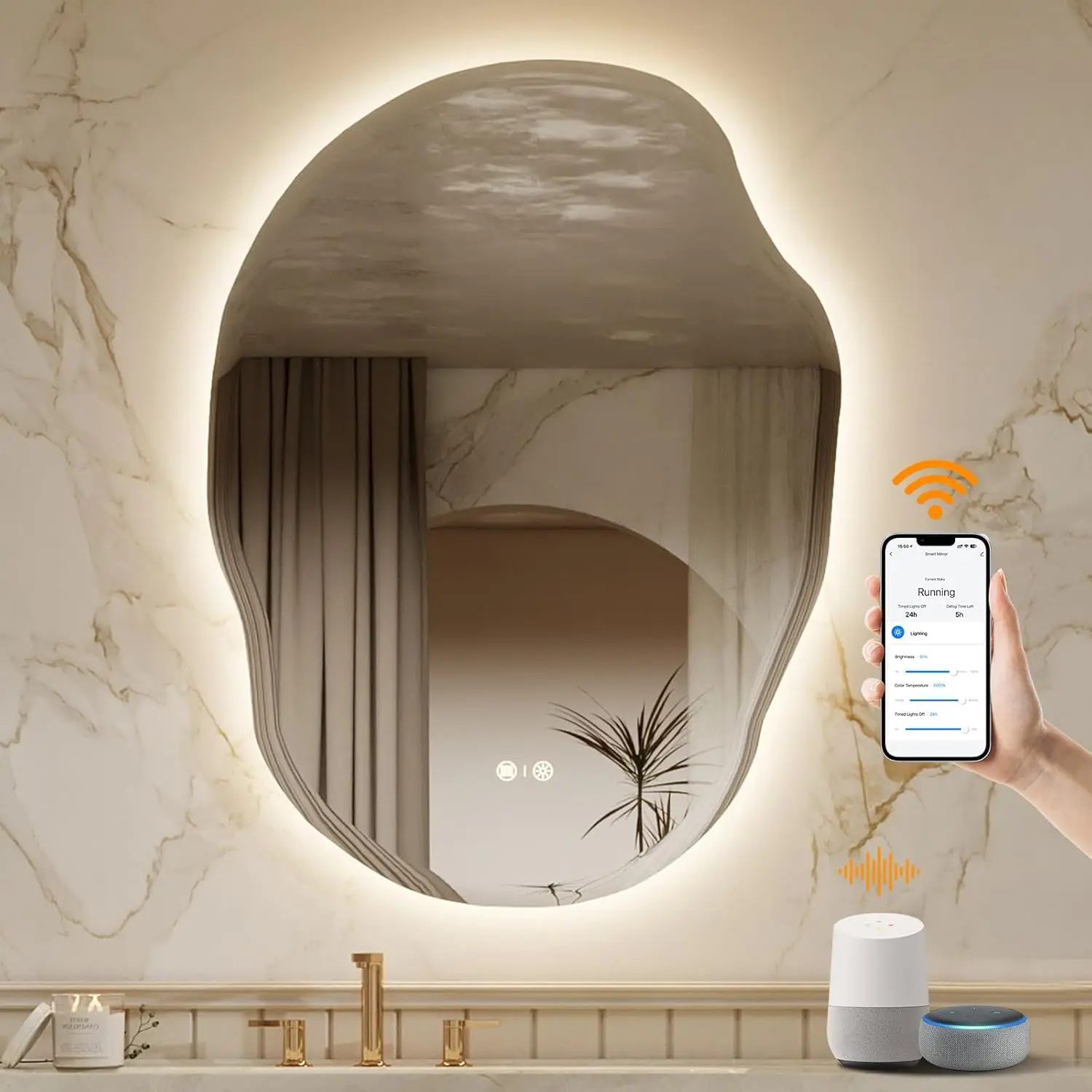ENZE LED Backlit Cloud Mirror Bathroom,24''x 32'' Mirror with Anti-Fog,Stepless Dimmable Lights,3 Color Modes,Shatter-Proof Tempered Glass,Waterproof,Touch Sensor &APP&Voice Control (Alexa/Google) screen control vanity, Mirrors, Guest Bathroom makeup