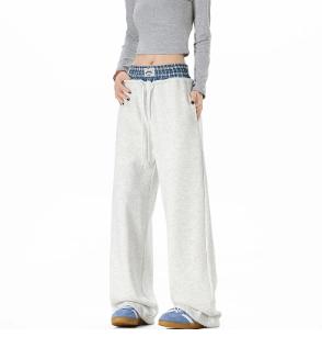 Unisex joggers with double waistband, washed loose fit; wide-leg plaid patchwork casual pants with pockets; comfortable to wear, suitable for daily commuting or leisure activities.