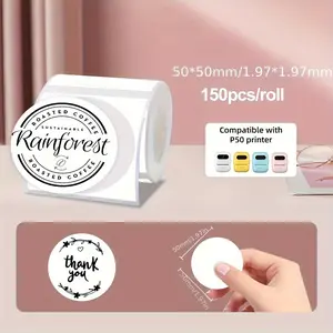2 Inch Round Thermal Sticker Labels(50mm)- 150 Sheets/Roll, Self-Adhesive Direct Thermal Paper For P50/M110/M220/D100/D200/X4 Printers, Circle Stickers For Reatil Thank You Tags, Food Jars & Gift Packaging